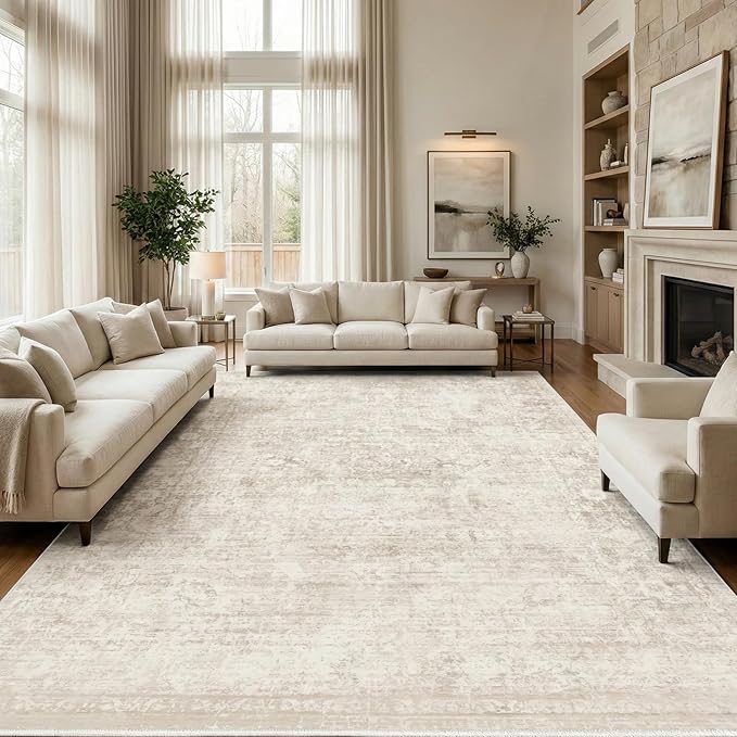 Homemate Washable Rug 10x12 Area Rugs - Vintage Faux Wool Rugs for Living Room Bedroom Dining Room - Non Slip Foldable Carpet Indoor Area Rug for Home Decor（10'x12', Beige