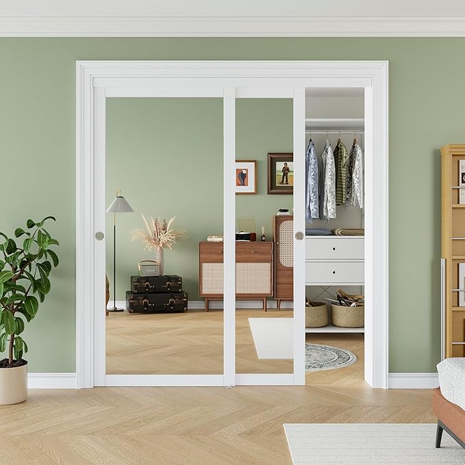 72" x 80" Sliding Closet Door, 1-Lite One-Side Mirror Bypass Door Panel with Hardware Track Kit & Floor Guide, Solid Wood Slab Pre-Assembled with PVC Surface, Silver Round Handle