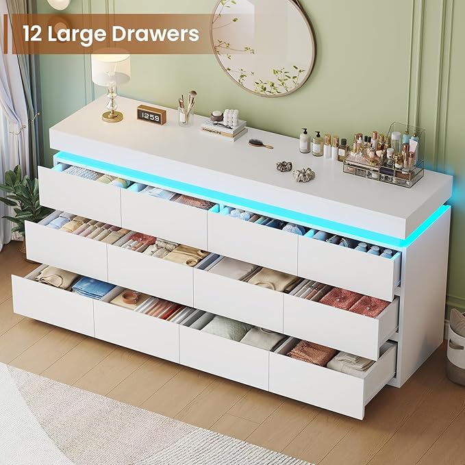HAUOMS 12 Drawer Dresser with LED Light, White Modern Chest of Drawers for Bedroom,Long Dressers with Drawers for Living Room, Entryway, Hallway