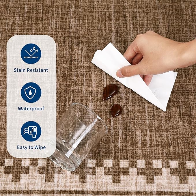 GarveeHome Modern10x13 Washable Bordered Area Rug for Living Room Bedroom Neutral Non Slip Stain Resistant Large Indoor Carpet Foldable Low Pile Dining Room Home Office Rugs, Brown