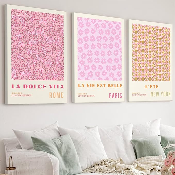 Pink Flower Market Wall Art Decor Aesthetic Abstract Canvas Floral Minimalist Wall Art Pictures Orange Floral Prints Artwork Botanical Flower Poster Colorful Painting 12x16 Inch Framed Set of 3