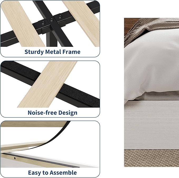 Garvee Twin-XL Size Wood Platform Bed Frame, Floor-Standing No-Gap Design, Modern Minimalist No Headboard Bed Frame, Wood Slat Support, No Box Spring Needed, Easy Assembly, White