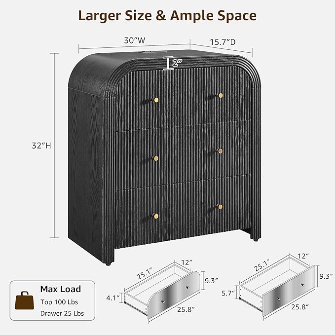 T4TREAM Fluted Dresser with 3 Drawers, 32" Tall Modern Chest of Drawers with Thickened Curved Profile Design, Wood Closet Clothes Storage Organizer for Bedroom, Living Room, Hallway, Black Oak