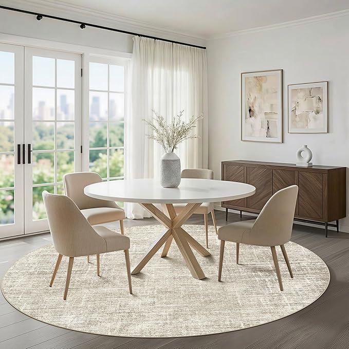 8ft Round Rug Living Room: 8x8 Washable Large Neutral Brown Circle Area Rug Abstract Soft Modern Stain Resistant Indoor Floor Non-Slip Carpet for Bedroom Nursery Kids Office Playroom Dining Room