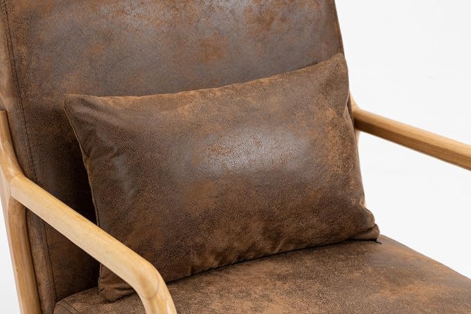KEIKI Mid Century Modern Accent Chair Wood Frame, Cotton Linen Warm Lounge Armchair for Living Room Bedroom Reading Nook Small Space, Rustic Seat with Waist Cushion, Padded, Easy Setup, Antique Brown