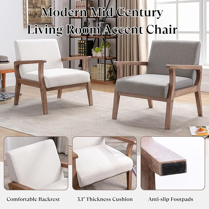 BESTANO Accent Chair Mid Century Modern Armchair, Linen Upholstered Living Room Accent Armchair with Wood Frame, Farmhouse Chair Indoor Corner Chair for Living Room Bedroom, Ivory