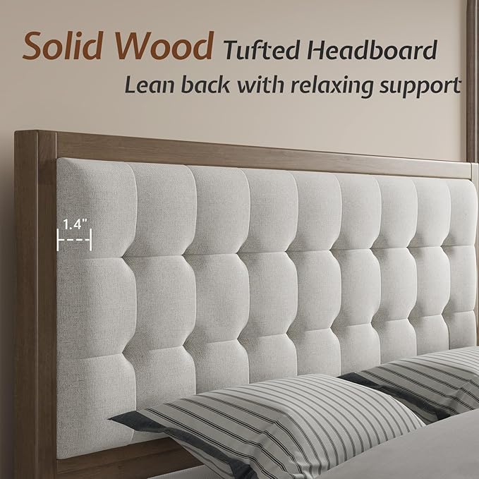 Jocisland Solid Wood King Size Bed Frame 50.2" Tall Upholstered Headboard, Mid-Century Style, Stable Platform Support, No Box Spring Needed, Ash Gray