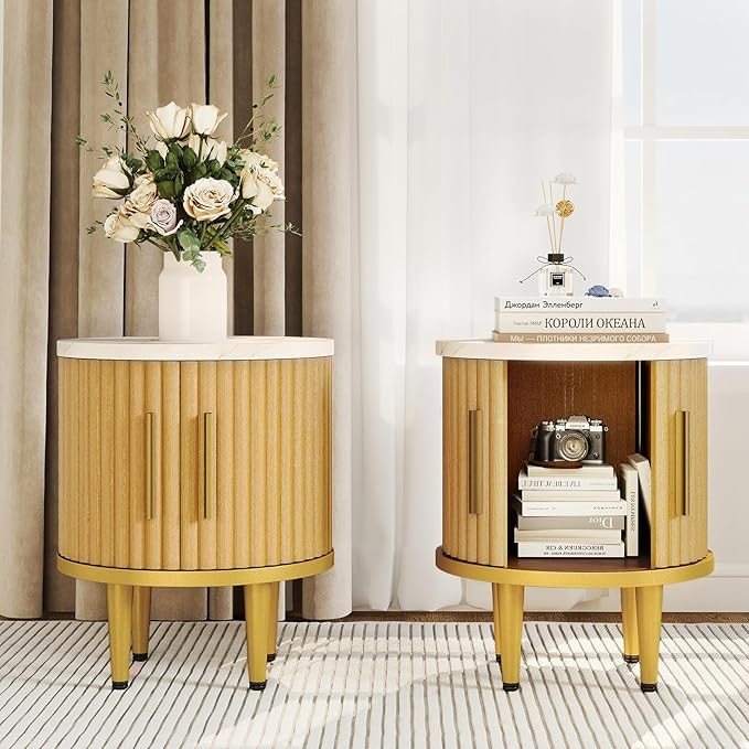 Fluted Nightstand Set of 2, Small Modern Side Table with Faux Marble Top and Metal Handle, Boho Bedside End Table with Sliding Door and Curved Corners for Bedroom,Living Room, Natural Oak