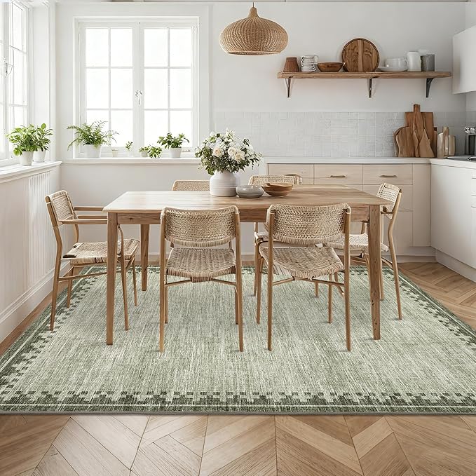 GarveeHome 9x12 Washable Living Room Area Rugs Non Slip Modern Bordered Bedroom Throw Carpet Soft Stain Resistant Geometric Dining Room Rug Low Pile Cross Carpets for Nursery Dorm Home Office, Green