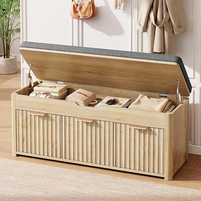 Shoe Bench with Storage - Lift Top Entryway Bench with Hidden Storage, Shoe Rack with Adjustable Shelves and Cushioned Seat, Wooden End of Bed Bench for Bedroom, Living Room and Hallway,Nature