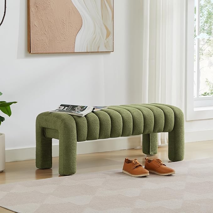 43" Boucle Bed Bench, Upholstered Channel Tufted Bench for Entryway, Accent Window Seat for Living Room, Modern Minimalist Ottoman Foot Stool, Linen Green