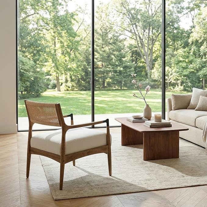 Ya-Home Mid-Century Modern Accent Chairs with Woven Rope Back, Upholstered Linen Fabric Armchairs with Solid Wood Frame for Living Room Bedroom, 2PCS, Beige