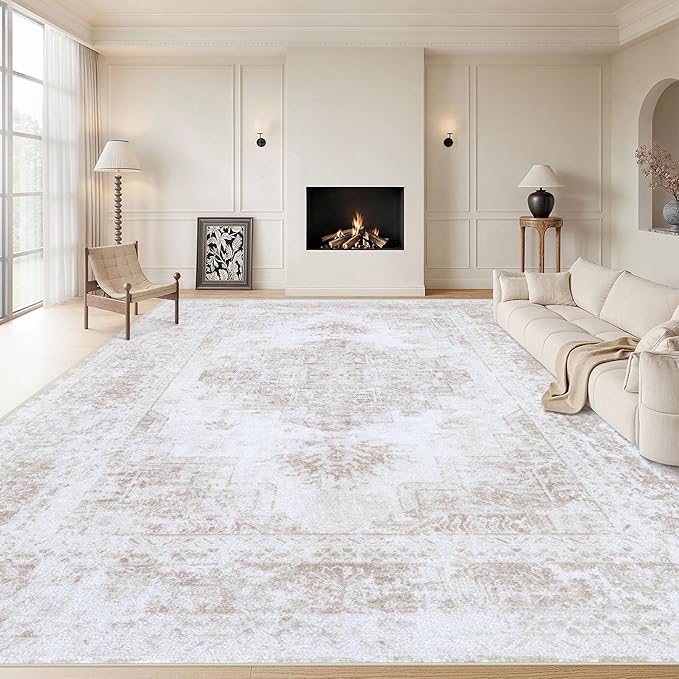 XLUEZ Area Rug 10x14 Living Room Rug, Machine Washable Vintage Distressed Medallion Rug Non-Slip Soft Low Pile Large Indoor Rugs for Bedroom Kitchen Dining Room Office(Beige,10'x14')