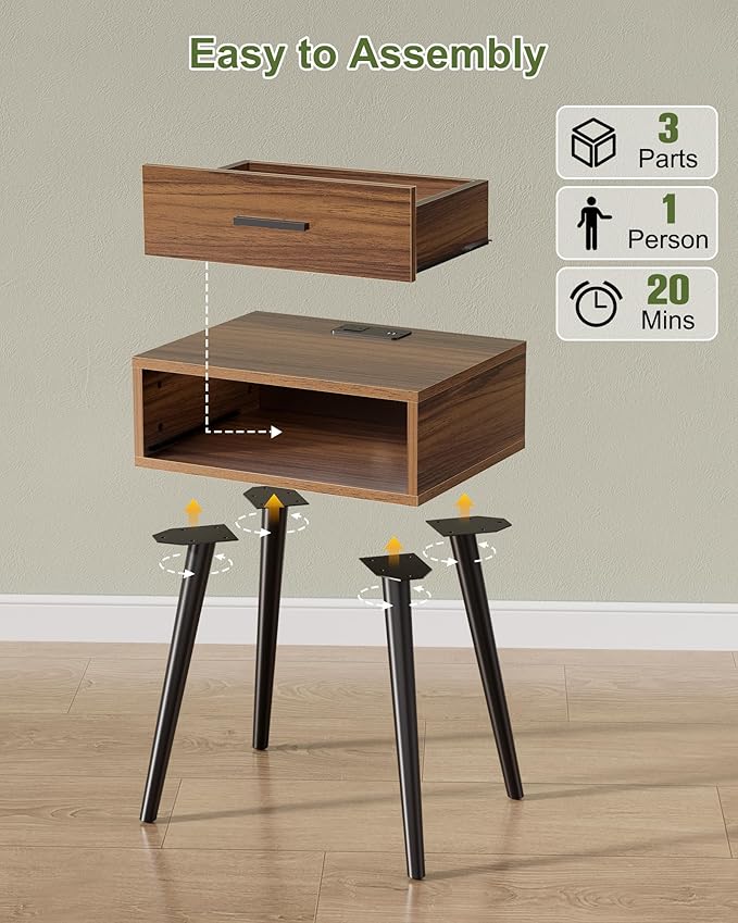 HAIOOU Nightstands Set of 2, Mid Century Modern Night Stand with Charging Station, End Table with Storage Drawer Premium Matte Black Handle,Side Table with Pine Wood Legs for Home Bedroom Living Room