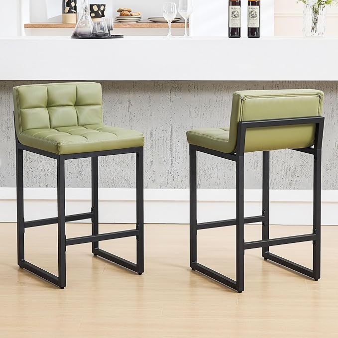 FIRAVOE Counter Height Bar Stools Set of 2, Modern Faux Leather Counter Stools with Low Back and Footrest, Upholstered Bar Chairs for Kitchen Island, Bar (Avocado Green, 2Pcs 26" Counter Stools)