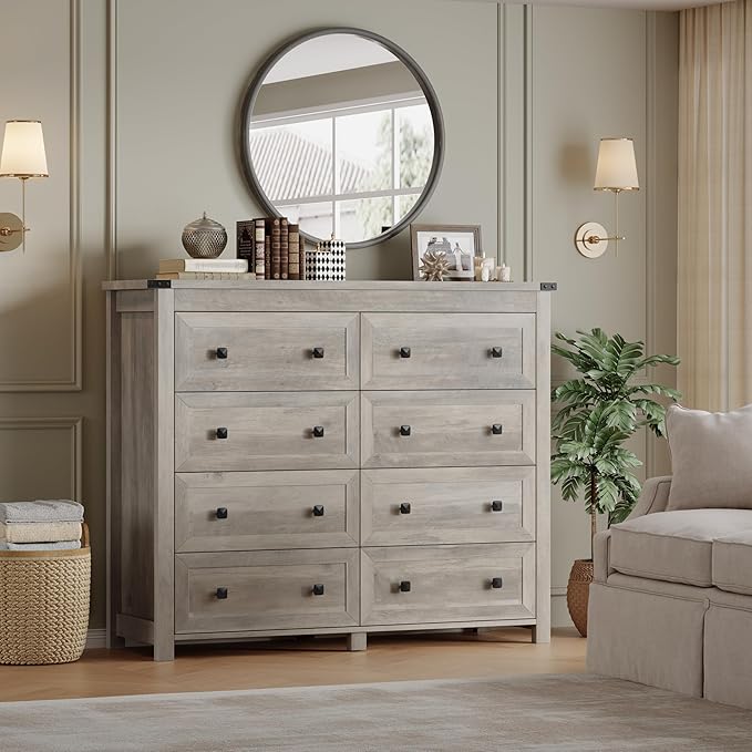 BORNOON Tall 8-Drawer Dresser, Modern Wooden Storage Chest of Drawers, Dresser TV Stand, Wood Drawer Organizer with Metal Handles for Bedroom, Living Room, Hallway