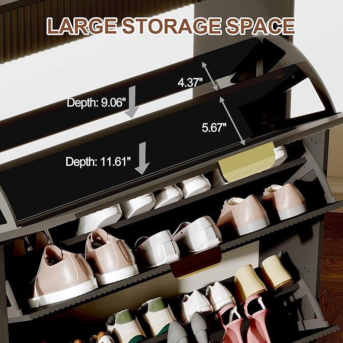 IDEALHOUSE Modern Natural Shoe Cabinet with 3 Flip Drawers & 2 Small Drawers & Hook, Slim Fluted Shoe Storage Organizer, Narrow Entryway Cabinet for Apartment, Hallway, Entrance ((Black Color))