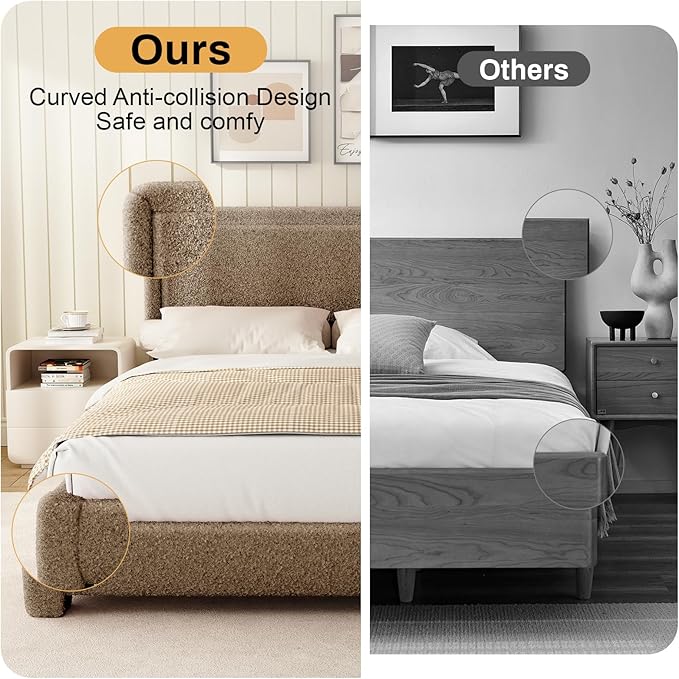 WEUP Queen Size Boucle Bed Frame, Upholstered Cloud Bed Frame with Adjustable Headboard, Soft Rounded Corners, No Box Spring Required, Easy Assembly, Coffee