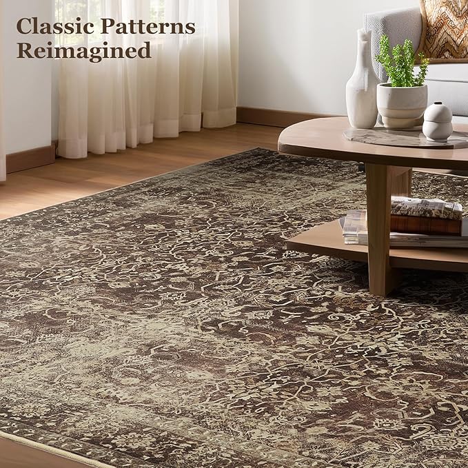 8x10 Dark Brown Rugs for Living Room, Vintage Distressed Aesthetic Large Rug for Bedroom Under Bed, Washable Non Slip Low Pile Carpet Rugs for Dining Room Home Office, Earth Tone Coffee Brown