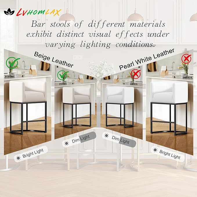 Modern Counter Height Bar Stools,Bar Stools Set of 3,PU Leather Upholstered Barrel Barstools with Backs,24'' Kitchen Island Chairs,Metal Black Frames,Beige White Leather