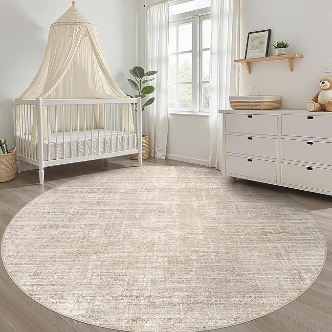 10ft Round Rug Living Room: 10x10 Washable Large Neutral Beige Circle Area Rug Abstract Soft Modern Stain Resistant Indoor Floor Non-Slip Carpet for Bedroom Nursery Kids Office Playroom Dining Room