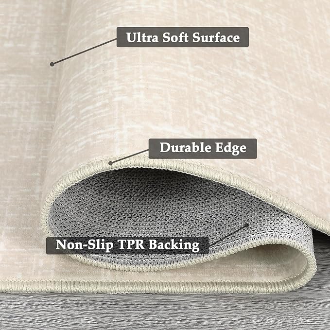 RUGSREAL 8x10 Washable Rug for Living Room Non-Slip Modern Abstract Area Rug Stain Resistant Large Bedroom Rug Contemporary Accent Throw Floor Carpet Solid Rug for Dining Room Home Decor, Cream