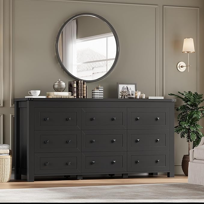 BORNOON 9-Drawer Dresser, Modern Wooden Storage Chest of Drawers, Dresser TV Stand, Wood Drawer Organizer with Metal Handles for Bedroom, Living Room, Hallway
