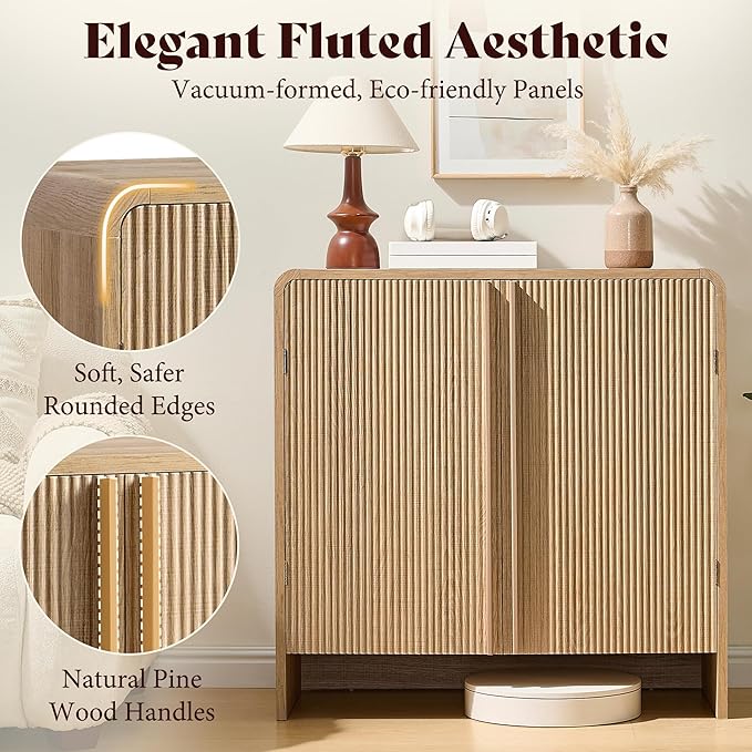 AMERLIFE 3-Piece Fluted Buffet Cabinet with Storage, Modern Sideboard Cabinet with Doors & Adjustable Shelf, Console Table & Credenza for Living Room, Kitchen & Entryway, Natural Oak