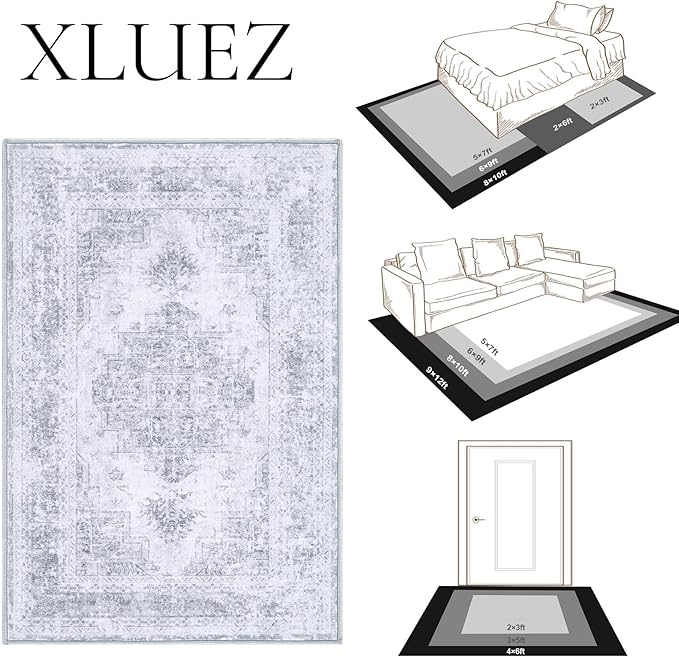 XLUEZ Area Rug 8x10 Living Room Rug, Machine Washable Vintage Distressed Medallion Rug Non-Slip Soft Low Pile Large Indoor Rugs for Bedroom Kitchen Dining Room Office(LightGrey,8'x10')