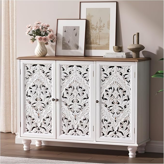 JOINICE 43" Accent Cabinet with 3 Carved Doors, White Farmhouse Buffet Cabinet with Storage & Solid Wood Legs, Boho Sideboard Console Table for Living Room, Entryway, Dining Room, Coffee Bar