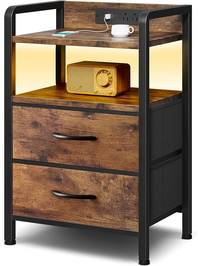 Lazzanto Night Stand Bedside Table Bedroom - Nightstand with Charging Station, Night Stand with LED Light Strip, End Table with U-S-B Ports & AC Outlets, Storage Shelf & 2 Fabric Drawers, Rustic Brown
