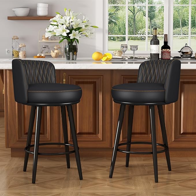 HONIFUR Bar Stools Set of 2, 27 Inch Barstools with Sturdy Legs, Leather Farmhouse Counter Height Bar Stool for Kitchen, Dining, Bar (Swivel, Black, Leather)