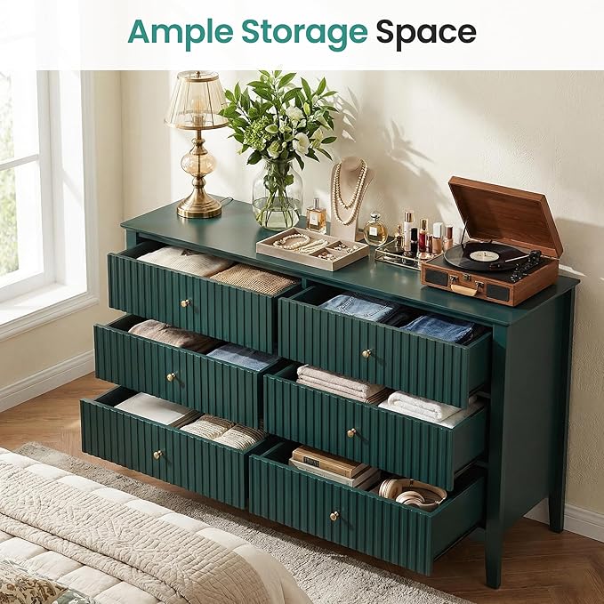 RoyalCraft 6 Drawer Dresser, Fluted Modern Wood Chest of Drawers, Long Dresser for Bedroom TV Stand Storage Cabinet for Living Room, Green