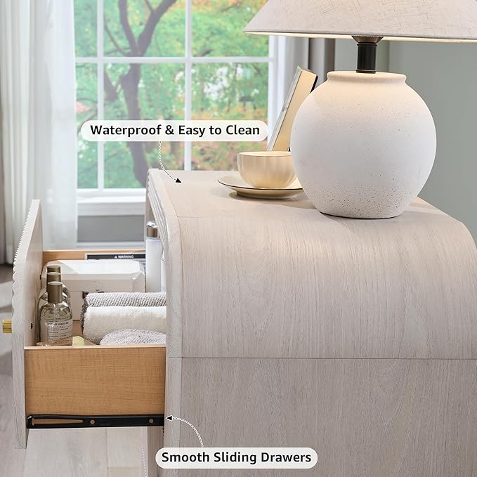 T4TREAM Fluted Dresser with 3 Drawers, 32" Tall Modern Chest of Drawers with Thickened Curved Profile Design, Wood Closet Clothes Storage Organizer for Bedroom, Living Room, Hallway, Alder White