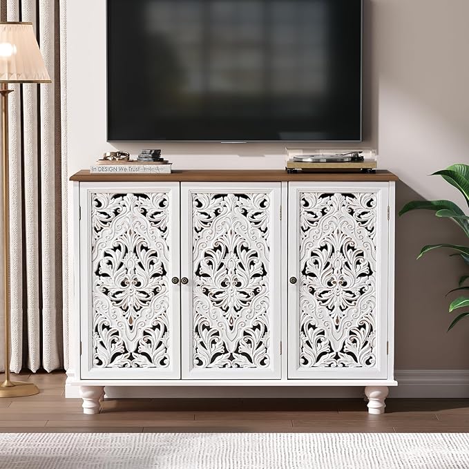 JOINICE 43" Accent Cabinet with 3 Carved Doors, White Farmhouse Buffet Cabinet with Storage & Solid Wood Legs, Boho Sideboard Console Table for Living Room, Entryway, Dining Room, Coffee Bar