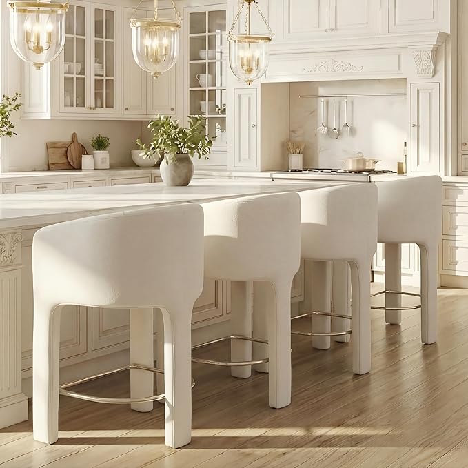 HNY Modern Counter Height Bar Stools Set of 4, 26”H Barrel Counter Stools for Kitchen Counter, Upholstered Barstools with Back and Armrest, Velvet Bar Stools for Kitchen Island, Home Bar, Cream