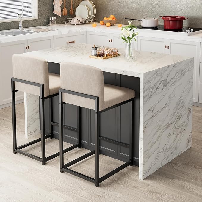 GarveeHome Bar Stools Set of 2, Modern Counter Height Bar Stools with Back and Footrest, Faux Leather Upholstered Barstools Chairs for Kitchen Island Dining Room Bar, Beige