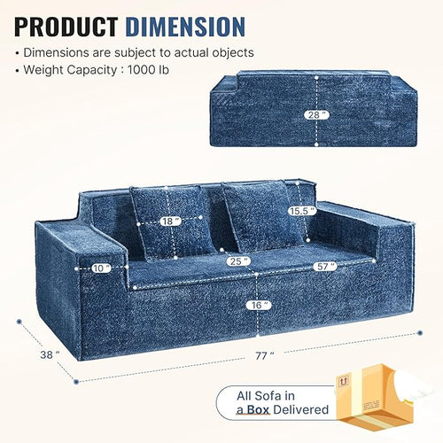 77'' Modern Cloud Loveseat Sofa in Chenille, Deep Seat Boneless Couches Includes 2 pcs Pillows for Living Room, Bedroom, Apartment(Blue)
