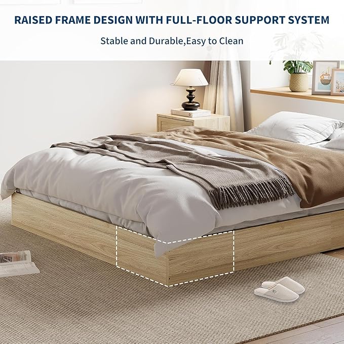 Garvee King Size Solid Wood Platform Bed with Sturdy Wooden Slats, Floor-Standing Bed Frame, Modern Minimalist Design Bed Frame, No Box Spring Needed, Space Saver, Easy Assembly, Golden Tan Wood