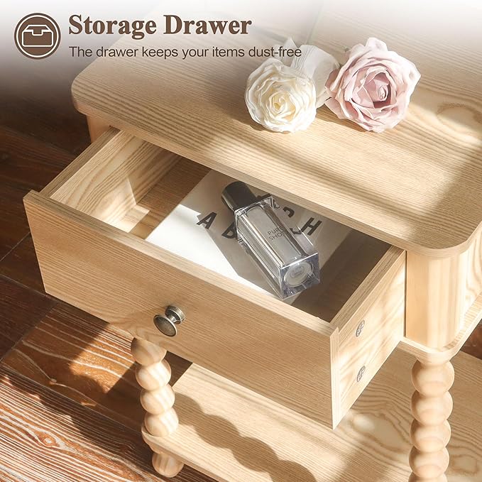 AWASEN Night Stand, Small End Table with Storage for Living Room, Farmhouse Bedside Side Table with Spindle Wood Legs for Bedroom, Office, Natural