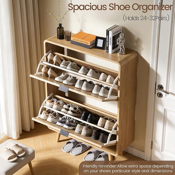 FurSch Fluted Shoe Storage Cabinet with 2 Flip Drawers, Narrow Shoe Rack Cabinet Organizer with Adjustable & Removable Shelves for Entryway (All Natural, 2 Drawers)