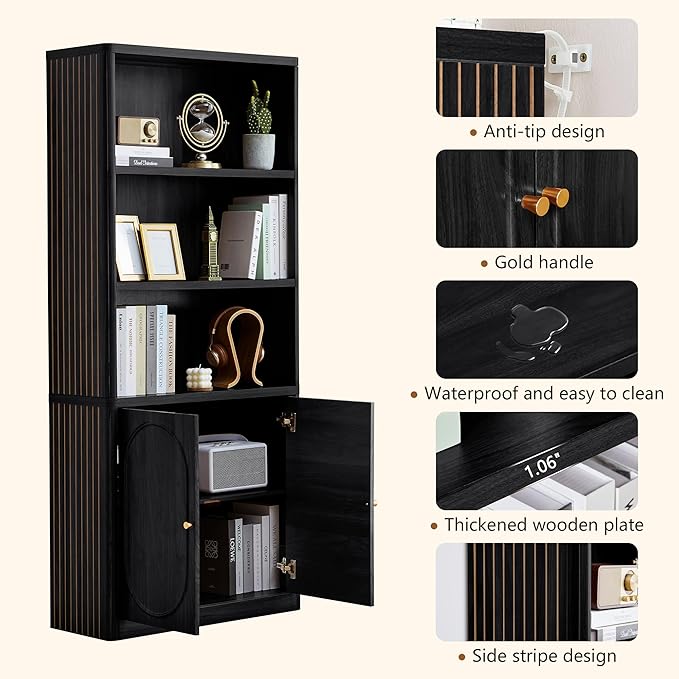 ORRD 70.8" Tall Fluted Bookshelf with Storage Cabinet, Modern 5-Tier Wood Bookcase with Open Display Storage Shelf, Gold Handles for Office Living Room (Black)