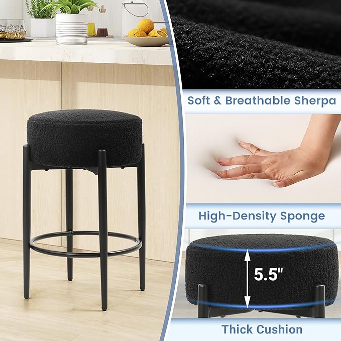 Murago Counter Height Bar Stools, Set of 2, 24" Modern Backless Bar Stools, Ideal for Kitchen Counter, Kitchen Island, Boucle Sherpa Padded Cover, with Round Soft Seat and Foot Rest, Black