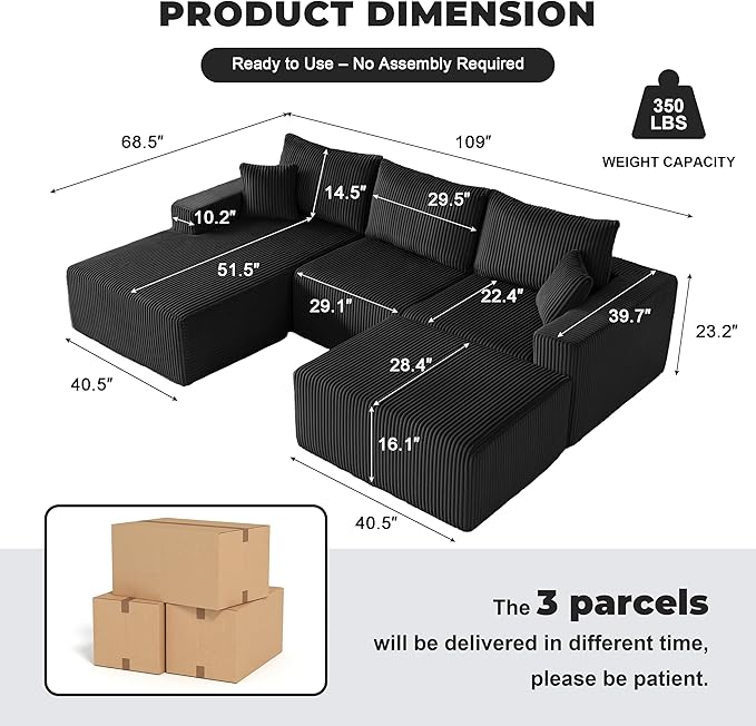 Weture 108” Modular Sectional Couches, Modern Modular U-Shape Sofa with Chaise, Cloud Sectional Couch with Deep Seat, Upholstered Boneless Sofa for Living Room (Corduroy, Black)