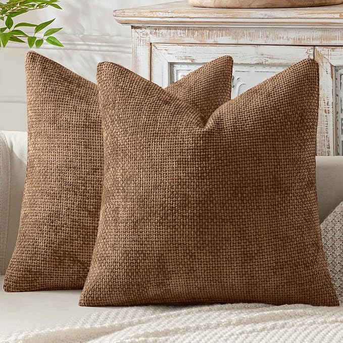 MIULEE Pack of 2 Couch Throw Pillow Covers 18x18 Inch Neutral Golden Brown Boho Accent Decorative Pillow Covers Soft Chenille Farmhouse Cushion Covers for Home Decor Bed Sofa Living Room