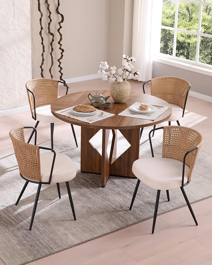 BedsPick Rattan Dining Chair Set of 6 - Farmhouse Upholstered PE Rattan Kitchen Chair with Boucle Cushion, Wingback Dining Room Seat with Cane Back and Metal Legs for Home, Kitchen (Brown)