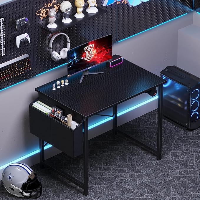 OLIXIS Computer Desk 31 Inch Home Office Desks for Small Spaces, Gaming Writing Study Work Table with Storage Bag and Headphone Hook for Bedroom, Black