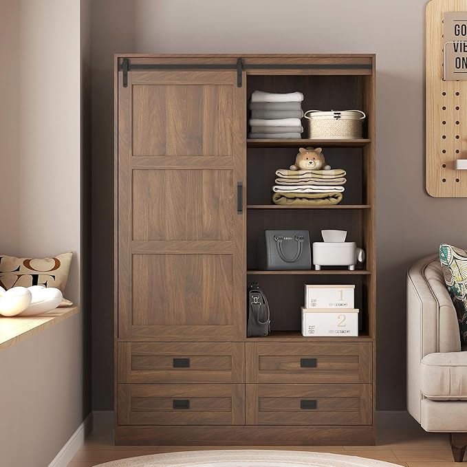 Wardrobe Closet with Sliding Barn Door, Tall Wooden Bedroom Armoire Wardrobe Closet Clothing Storage Cabinet with 4 Drawers, Adjustable Shelves and Hanging Rod, Clothes Cabinet for Bedroom, Brown