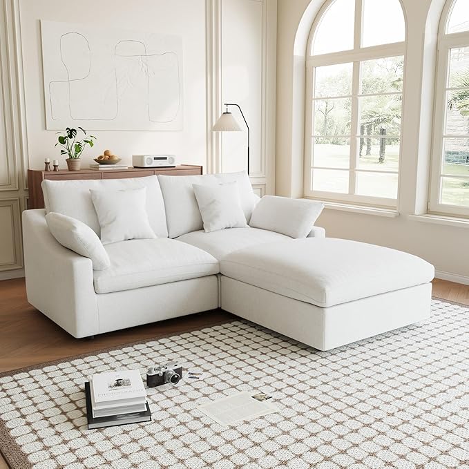 Modular Sectional Sofa Cloud Couch, 82.68" Loveseat Sofa with Chaise Ottoman, Linen Blend Fabric Minimalist Deep Seat Couches for Apartment Small Space, Sofa Covers Washable&Removable, White