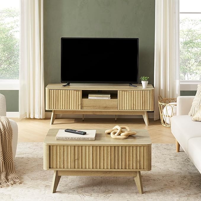 mopio Brooklyn Mid-Century Modern TV Stand, for TVs up to 50” / 59" Waveform Panel, Sleek Curved Profile with Adjustable Shelf and Sturdy Box Frame Leg (Golden Oak, 57")